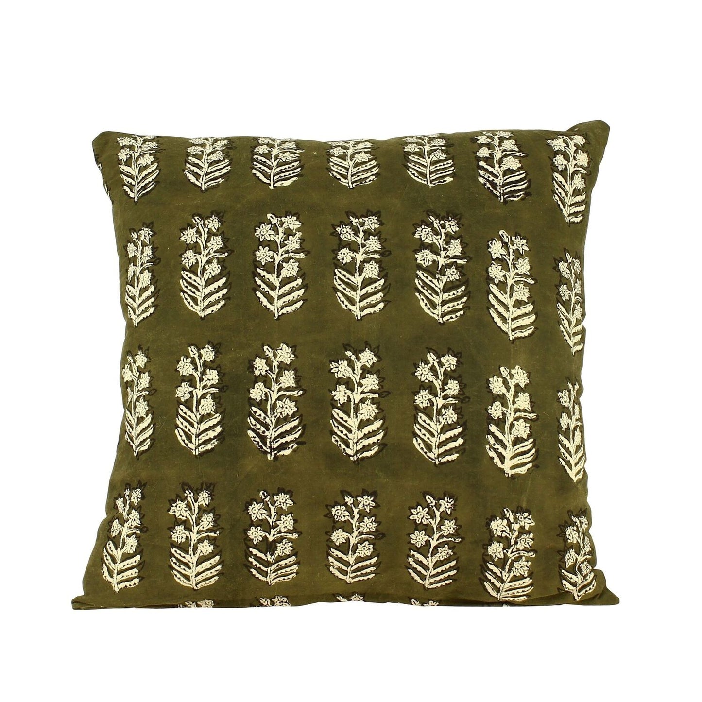 coussin vert kaki motifs fleurs coton