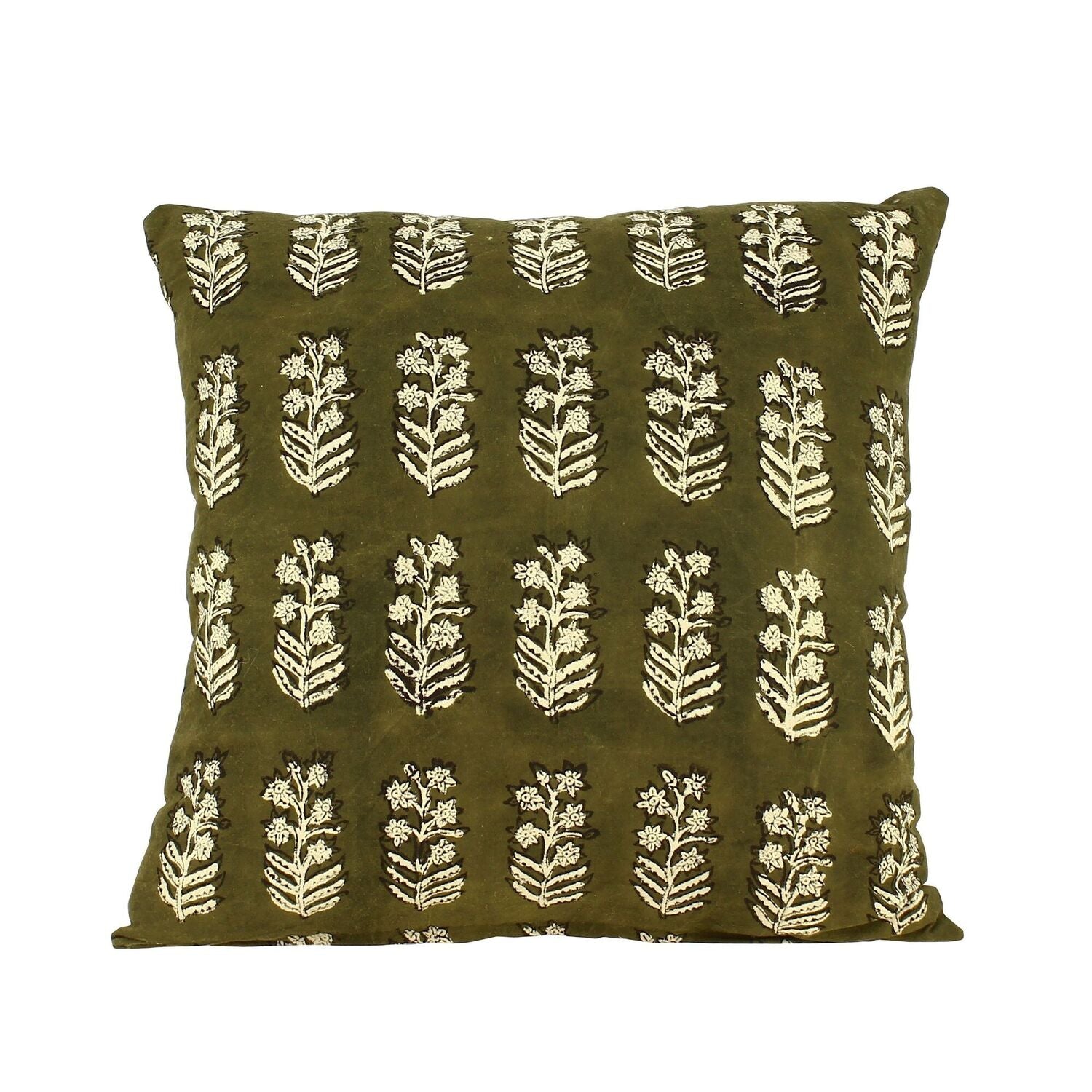 coussin vert kaki motifs fleurs coton